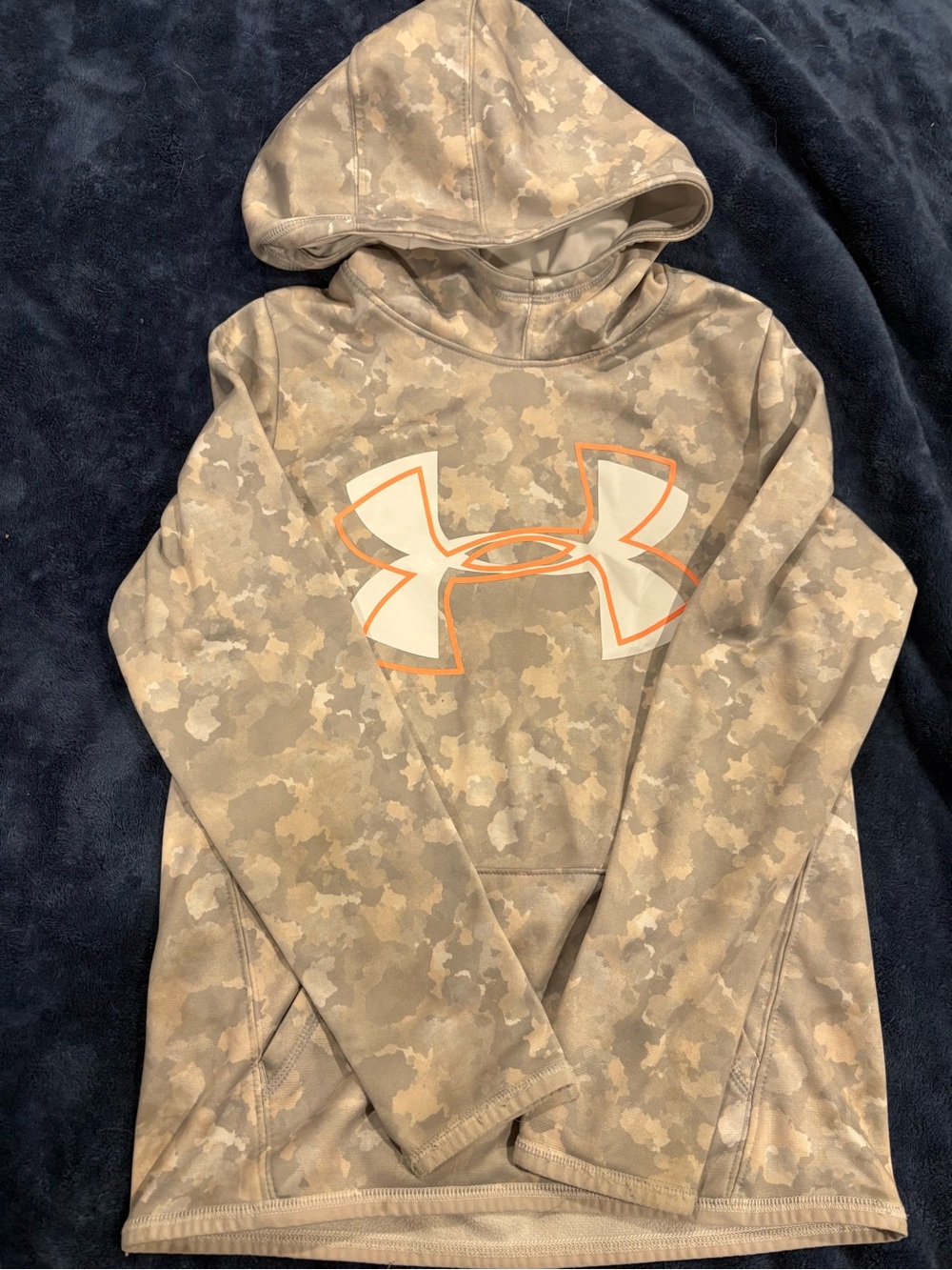 Under Armour Kids Hooded Pullover in Tan Camo with White & Orange Logo